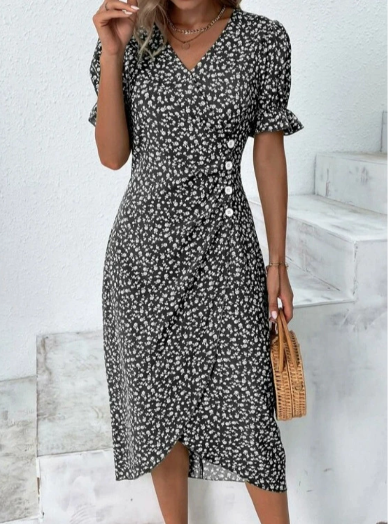Elegante Midi-Jurk met Print & Knoopsluiting